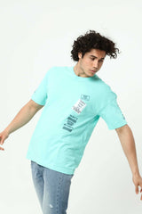 Su Yeşili Ön ve Kol Baskılı Erkek Oversize Kısa Kollu T-Shirt