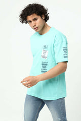 Su Yeşili Ön ve Kol Baskılı Erkek Oversize Kısa Kollu T-Shirt