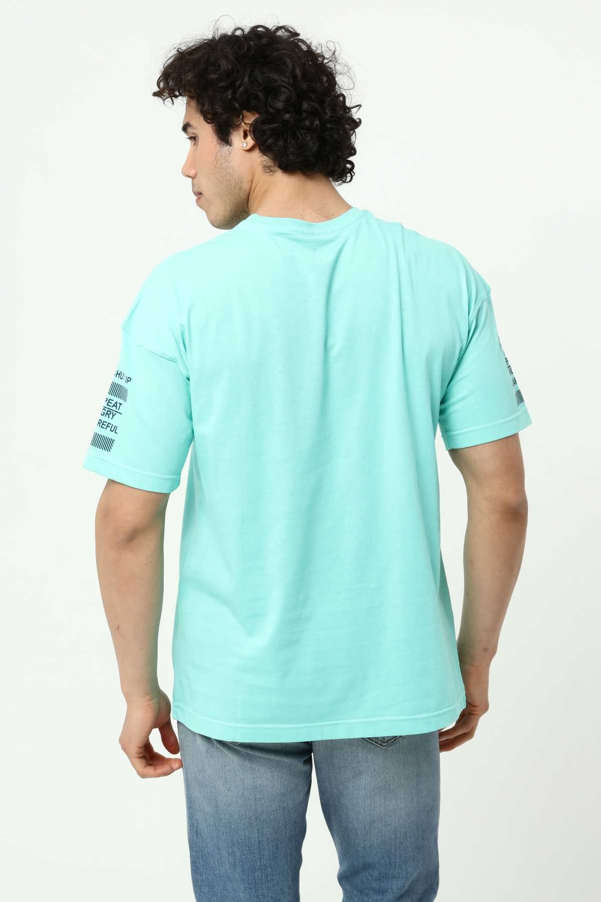 Su Yeşili Ön ve Kol Baskılı Erkek Oversize Kısa Kollu T-Shirt