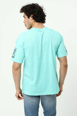 Su Yeşili Ön ve Kol Baskılı Erkek Oversize Kısa Kollu T-Shirt