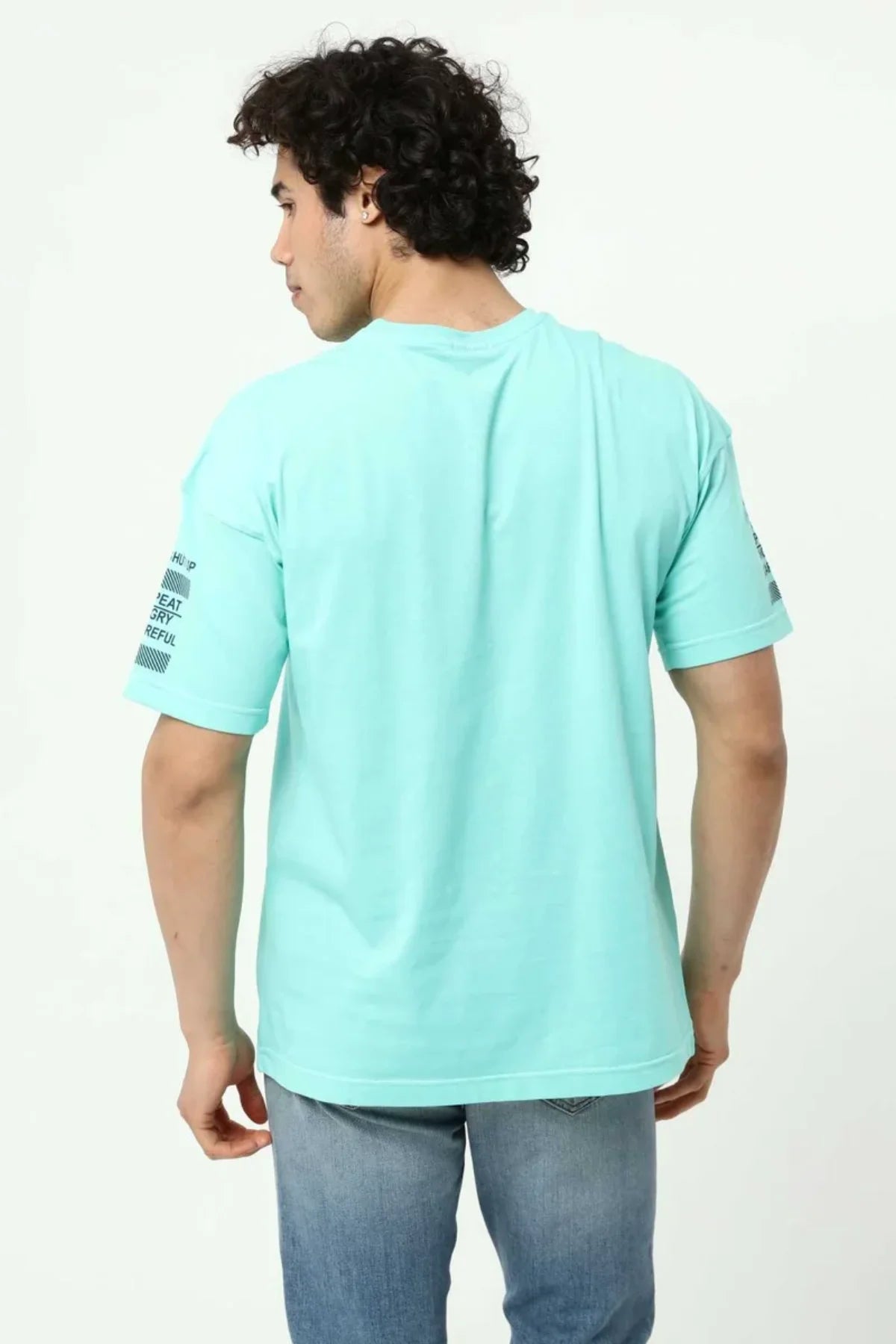 Su Yeşili Ön ve Kol Baskılı Erkek Oversize Kısa Kollu T-Shirt