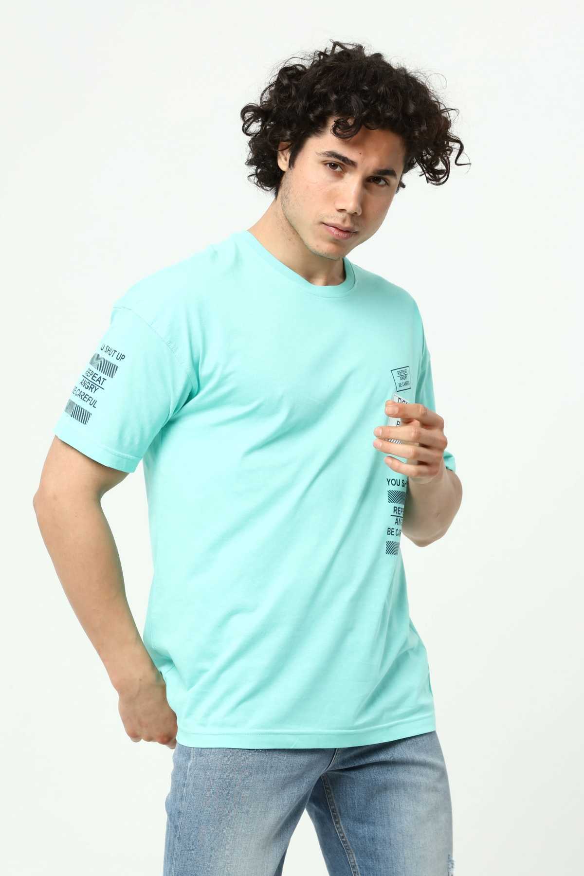 Su Yeşili Ön ve Kol Baskılı Erkek Oversize Kısa Kollu T-Shirt