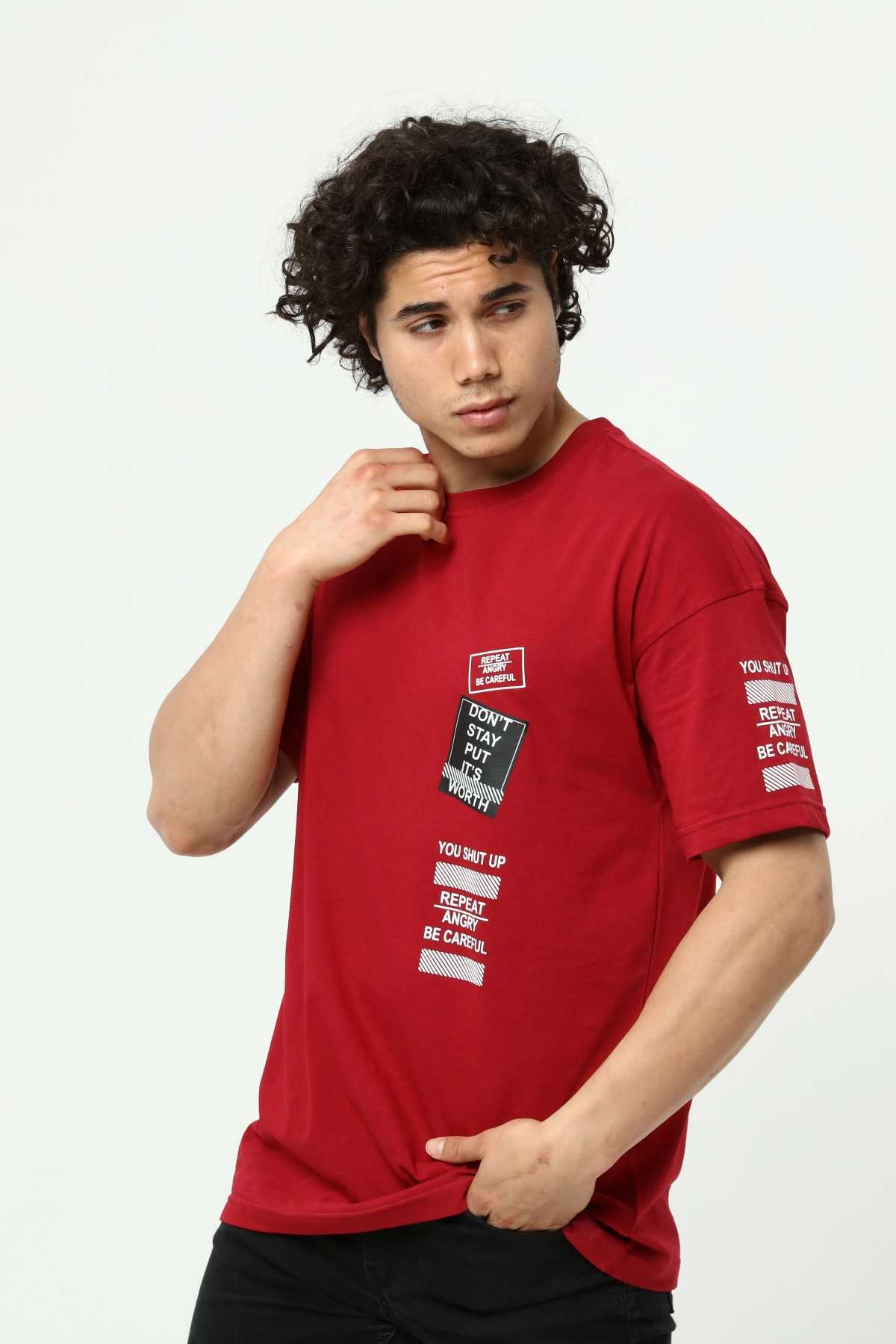 Bordo Ön ve Kol Baskılı Erkek Oversize Kısa Kollu T-Shirt
