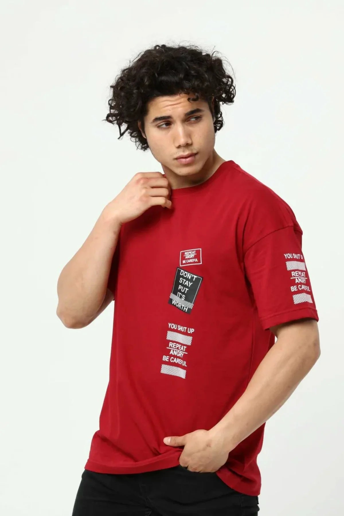 Bordo Ön ve Kol Baskılı Erkek Oversize Kısa Kollu T-Shirt