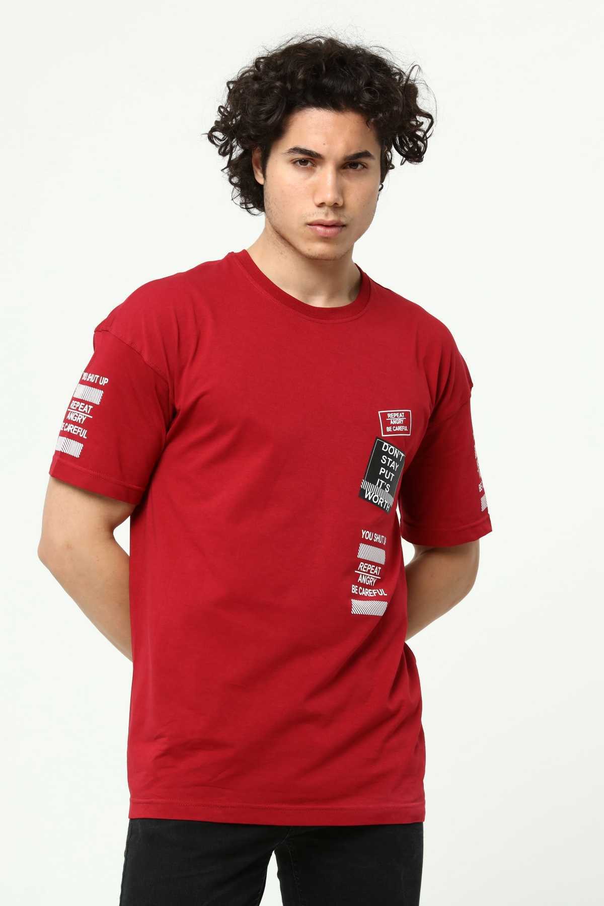 Bordo Ön ve Kol Baskılı Erkek Oversize Kısa Kollu T-Shirt