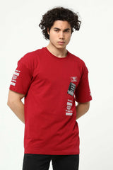 Bordo Ön ve Kol Baskılı Erkek Oversize Kısa Kollu T-Shirt
