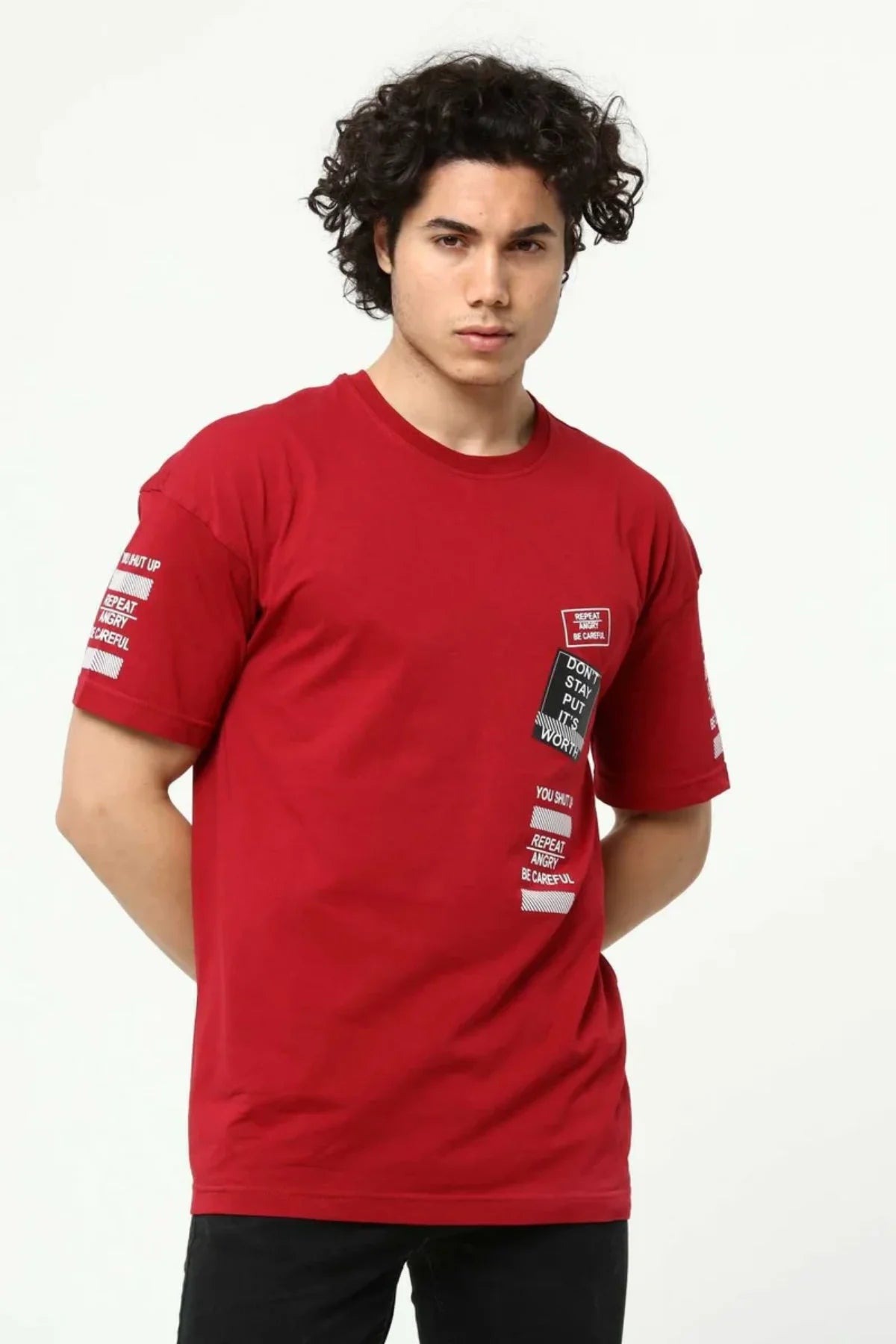 Bordo Ön ve Kol Baskılı Erkek Oversize Kısa Kollu T-Shirt