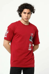 Bordo Ön ve Kol Baskılı Erkek Oversize Kısa Kollu T-Shirt