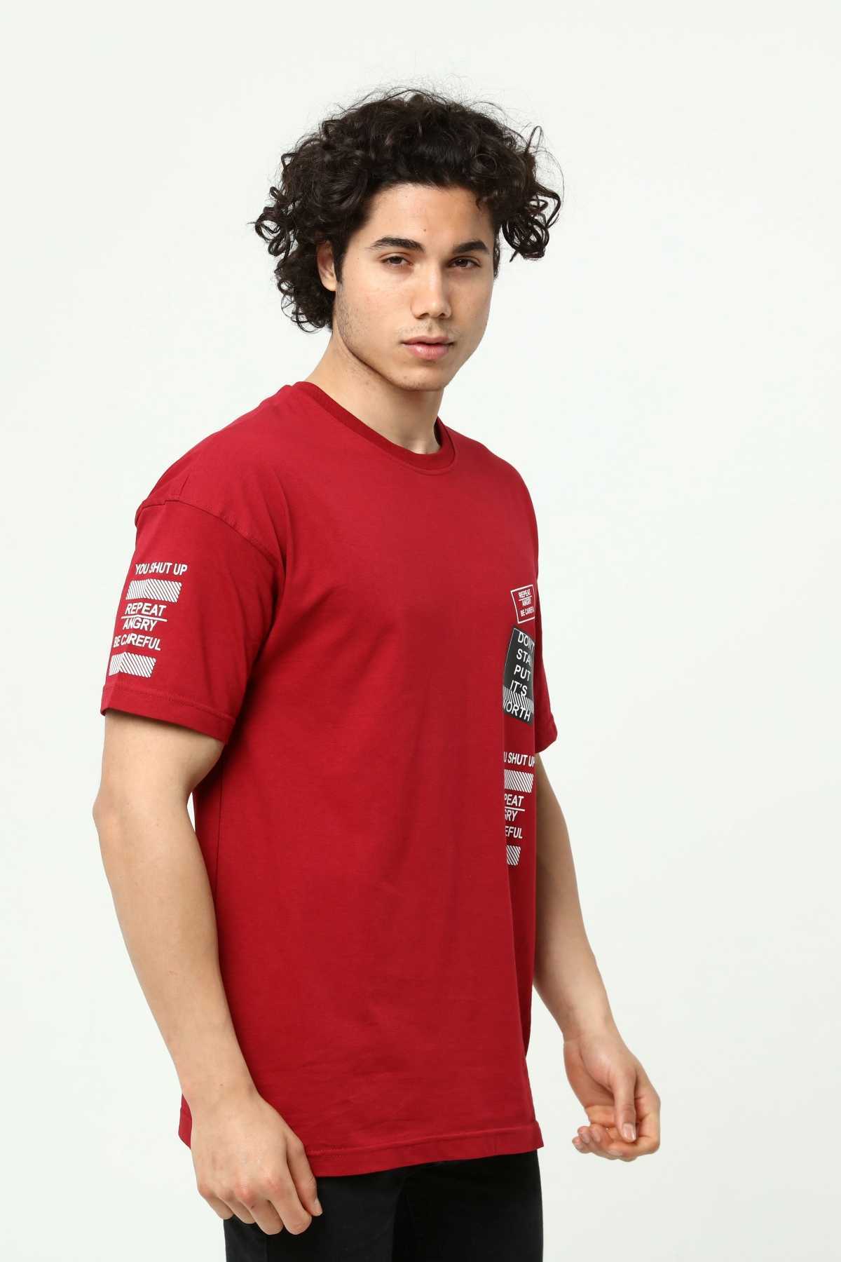 Bordo Ön ve Kol Baskılı Erkek Oversize Kısa Kollu T-Shirt