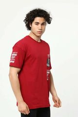 Bordo Ön ve Kol Baskılı Erkek Oversize Kısa Kollu T-Shirt