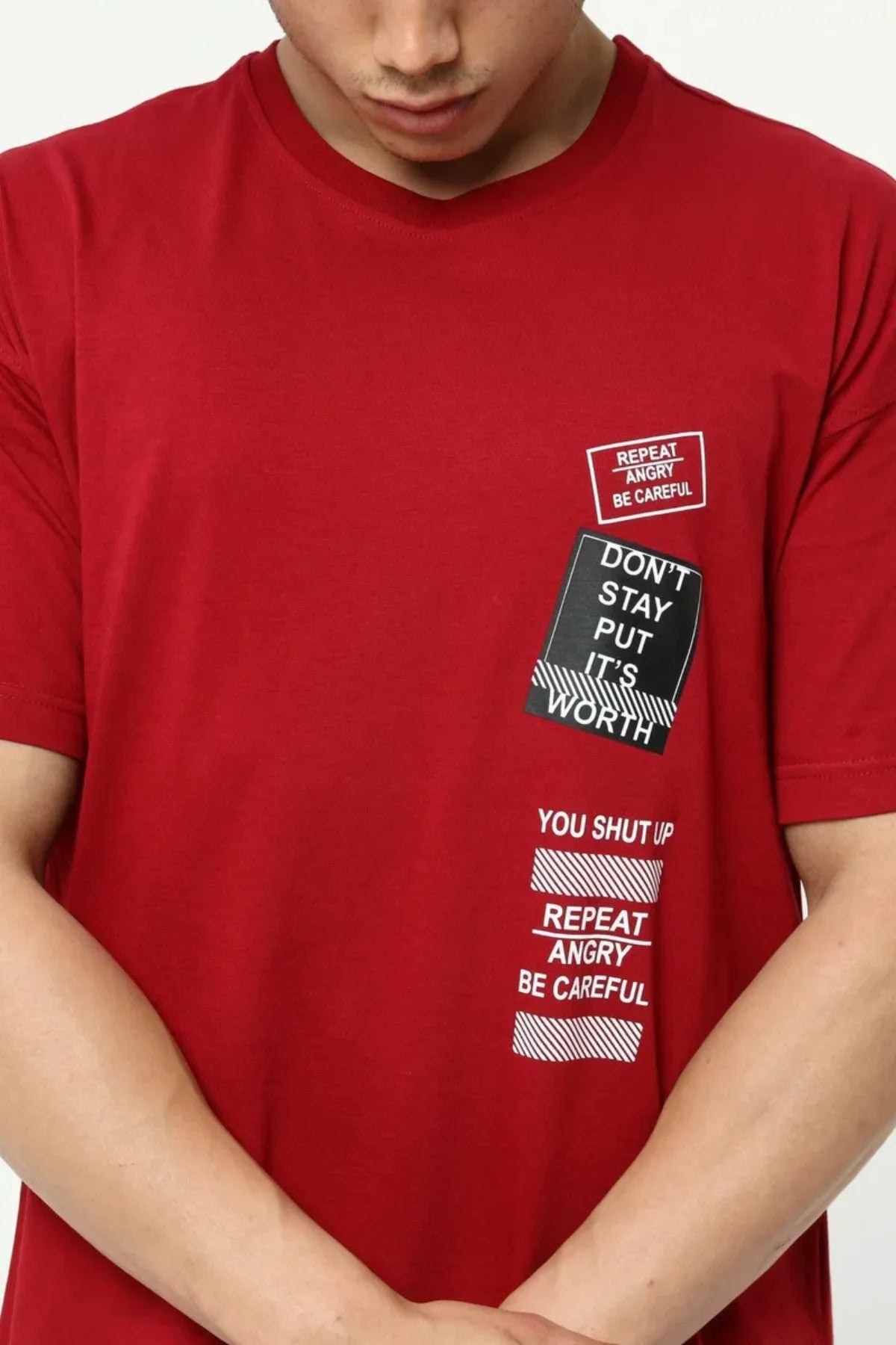 Bordo Ön ve Kol Baskılı Erkek Oversize Kısa Kollu T-Shirt