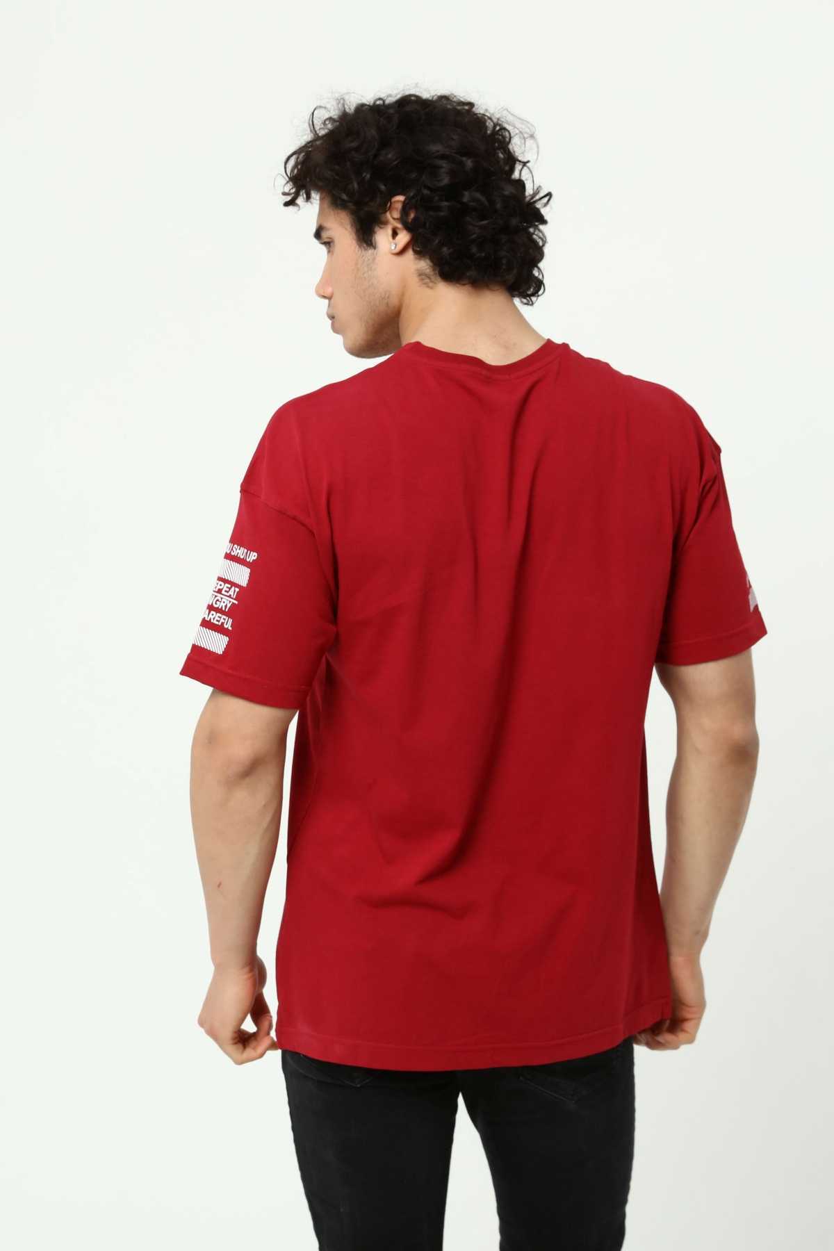 Bordo Ön ve Kol Baskılı Erkek Oversize Kısa Kollu T-Shirt