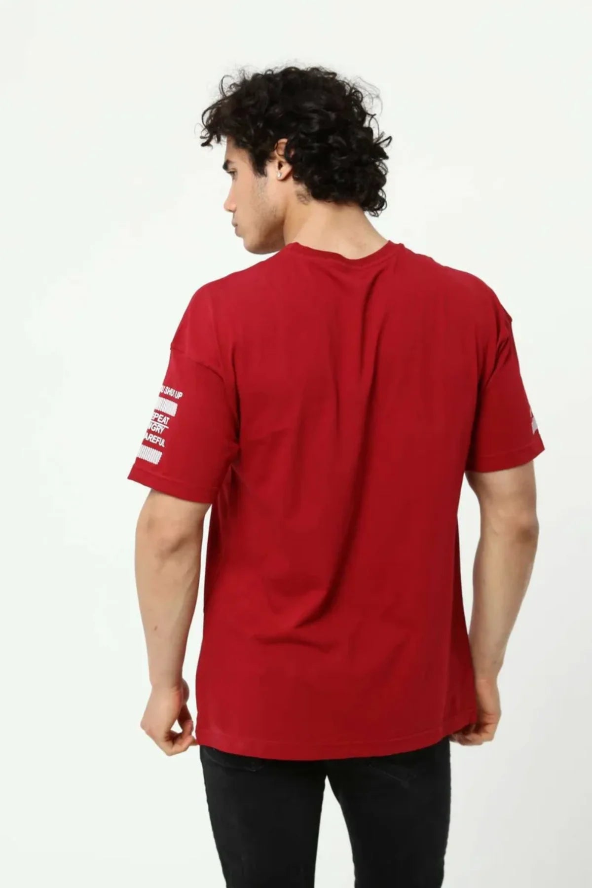 Bordo Ön ve Kol Baskılı Erkek Oversize Kısa Kollu T-Shirt