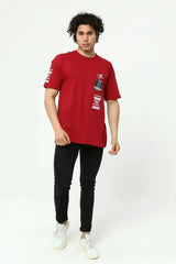 Bordo Ön ve Kol Baskılı Erkek Oversize Kısa Kollu T-Shirt