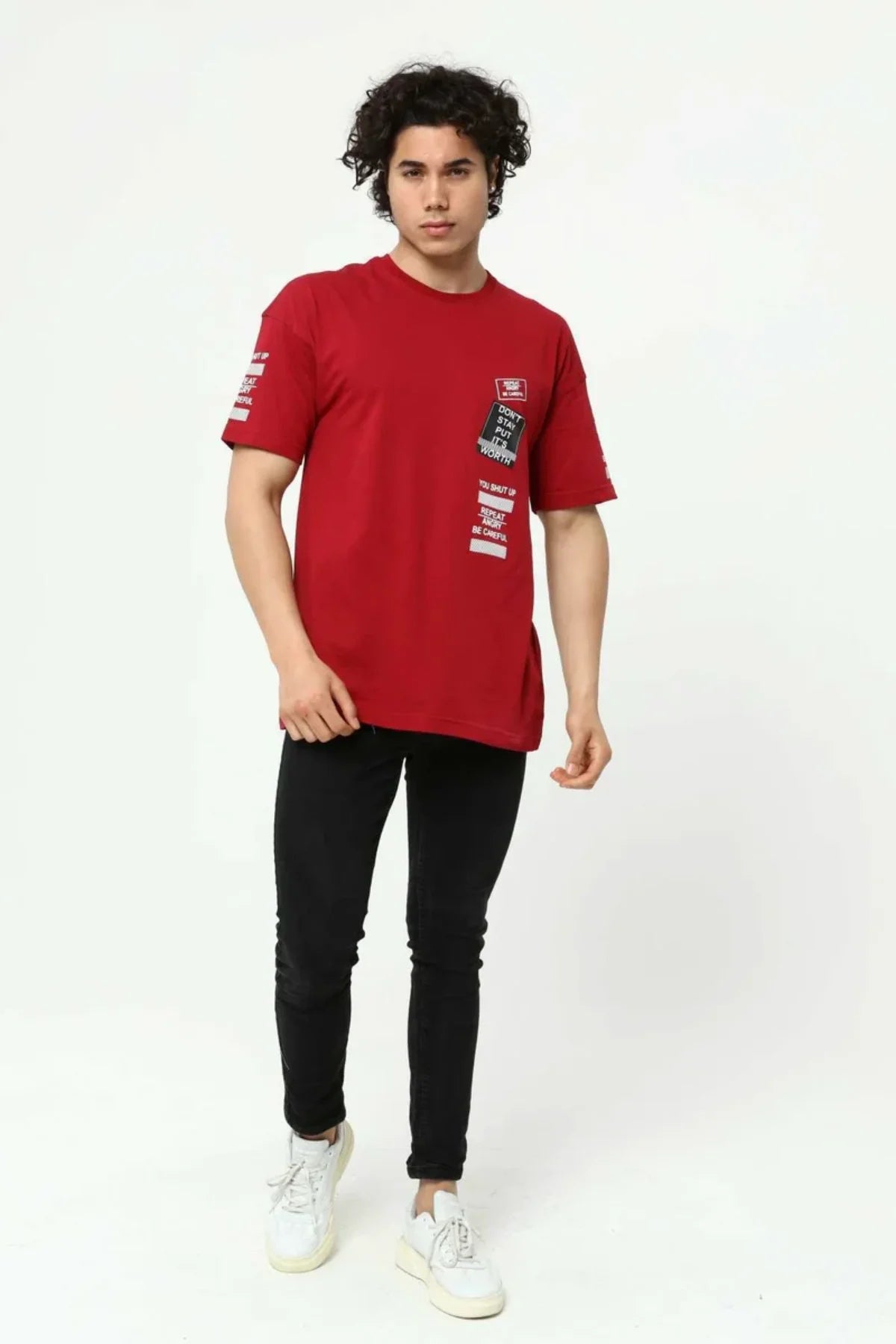 Bordo Ön ve Kol Baskılı Erkek Oversize Kısa Kollu T-Shirt