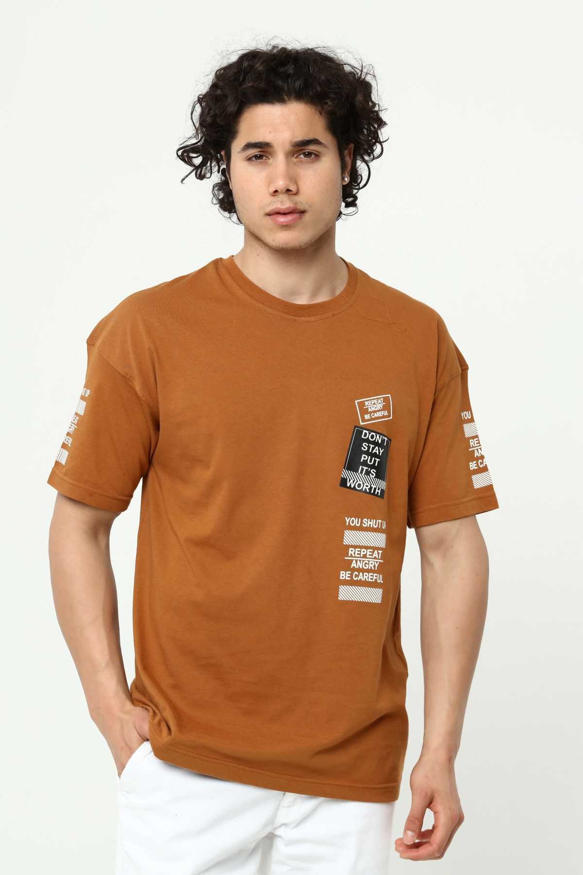 Kahve Ön ve Kol Baskılı Erkek Oversize Kısa Kollu T-Shirt
