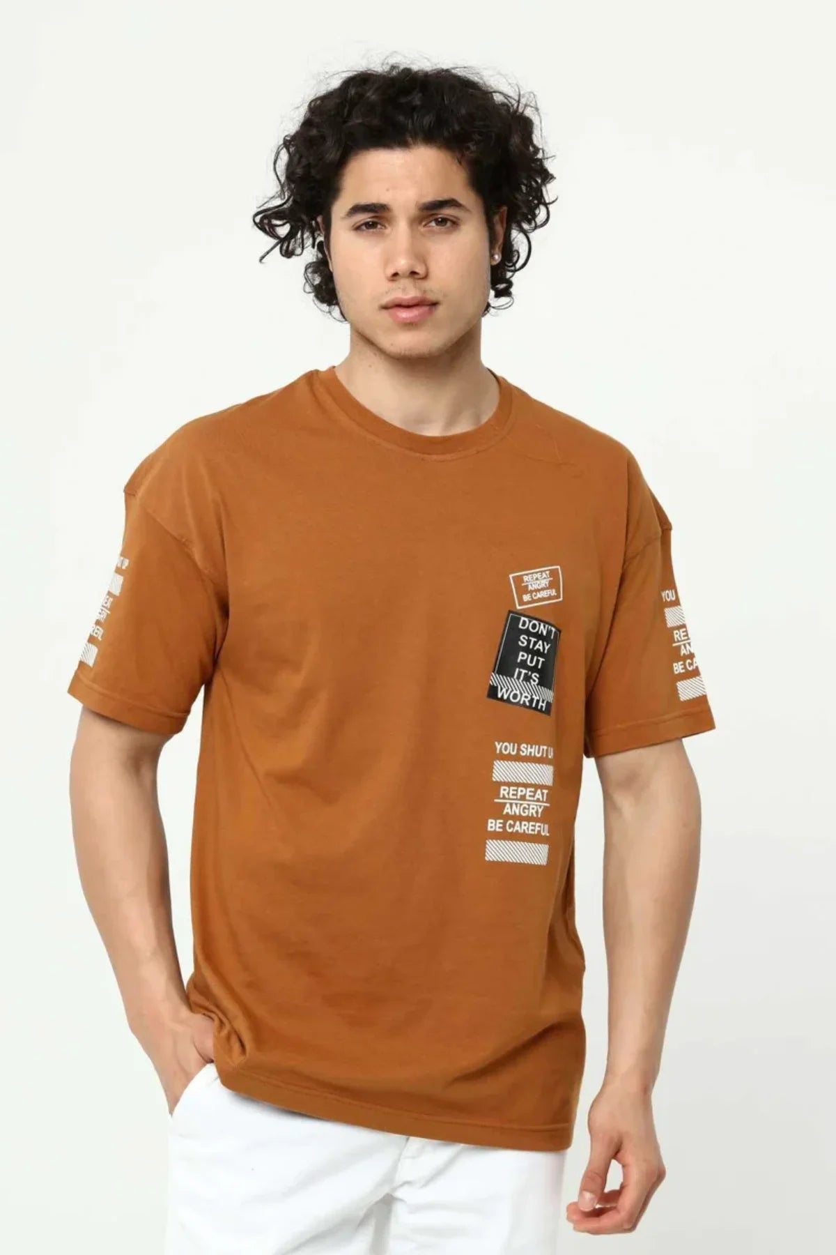 Kahve Ön ve Kol Baskılı Erkek Oversize Kısa Kollu T-Shirt