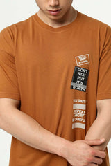 Kahve Ön ve Kol Baskılı Erkek Oversize Kısa Kollu T-Shirt