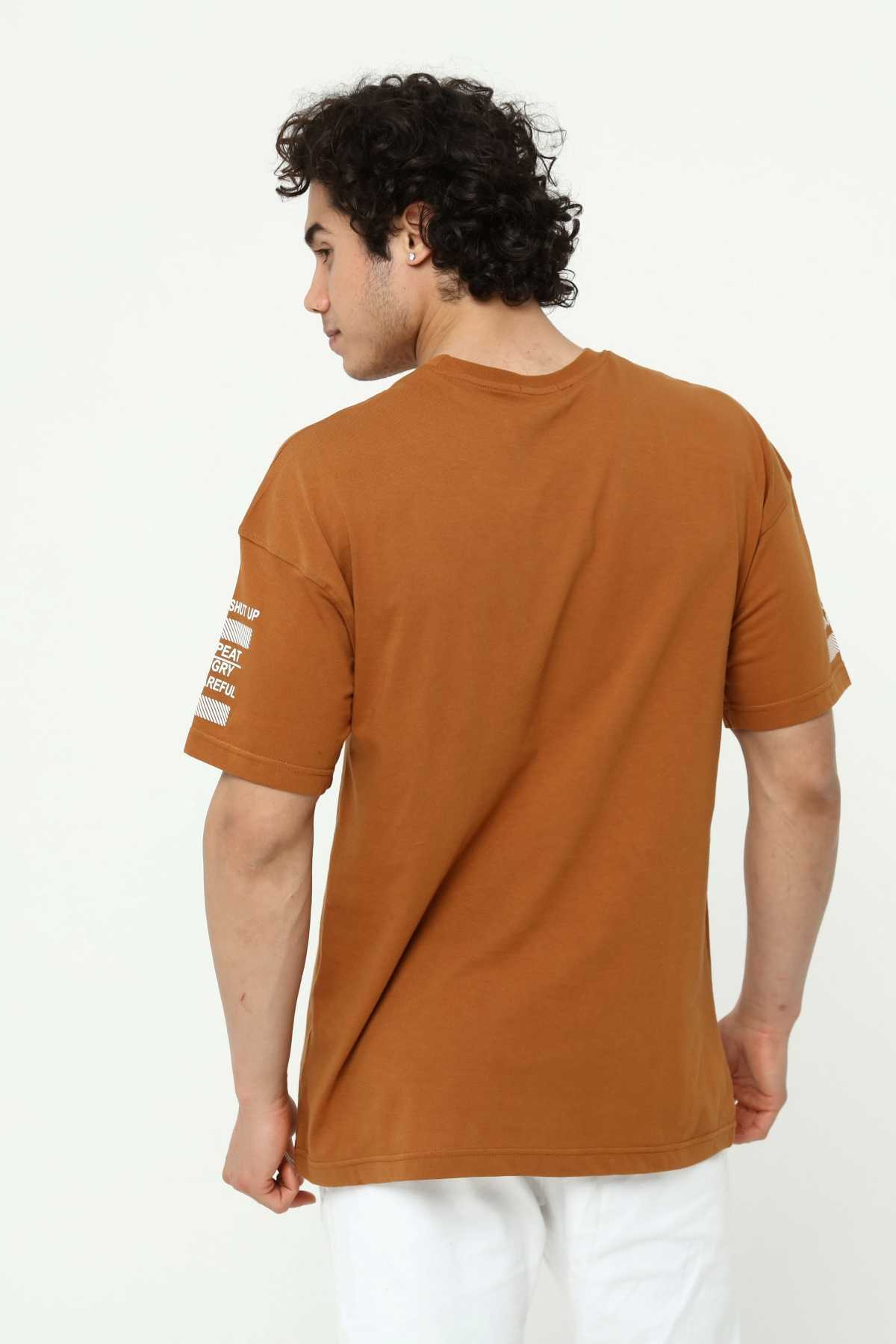 Kahve Ön ve Kol Baskılı Erkek Oversize Kısa Kollu T-Shirt