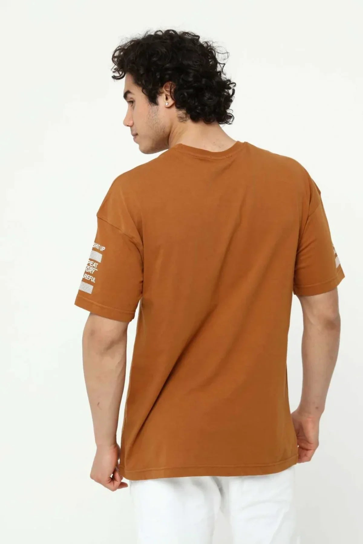 Kahve Ön ve Kol Baskılı Erkek Oversize Kısa Kollu T-Shirt