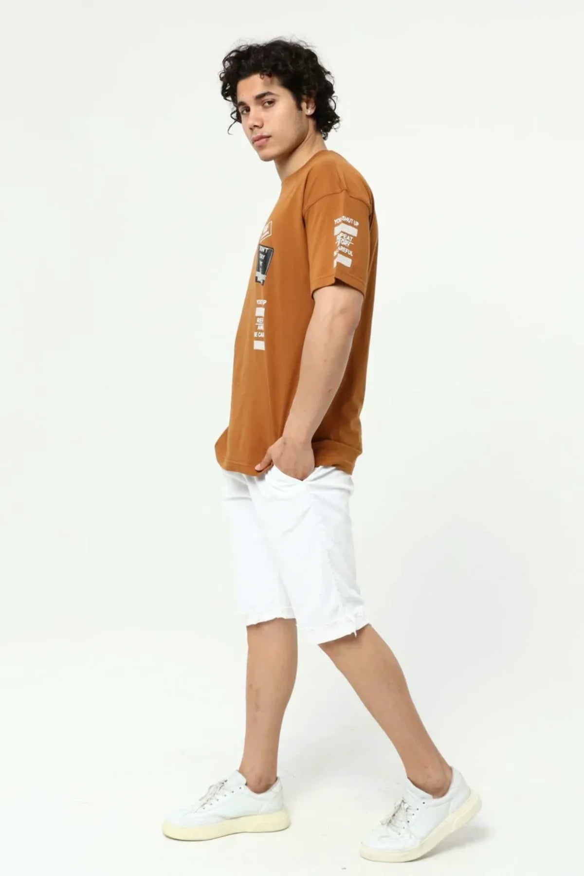 Kahve Ön ve Kol Baskılı Erkek Oversize Kısa Kollu T-Shirt