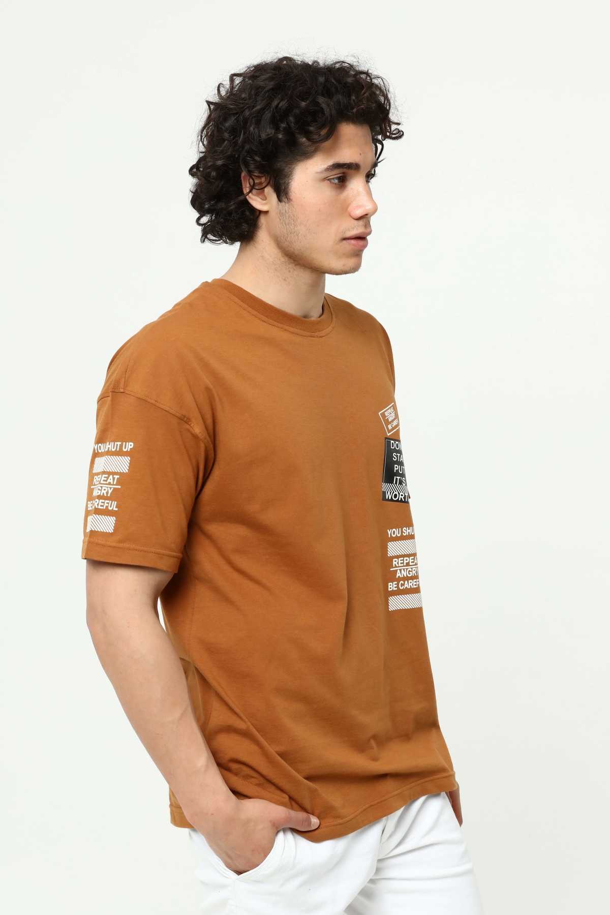 Kahve Ön ve Kol Baskılı Erkek Oversize Kısa Kollu T-Shirt