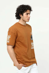 Kahve Ön ve Kol Baskılı Erkek Oversize Kısa Kollu T-Shirt