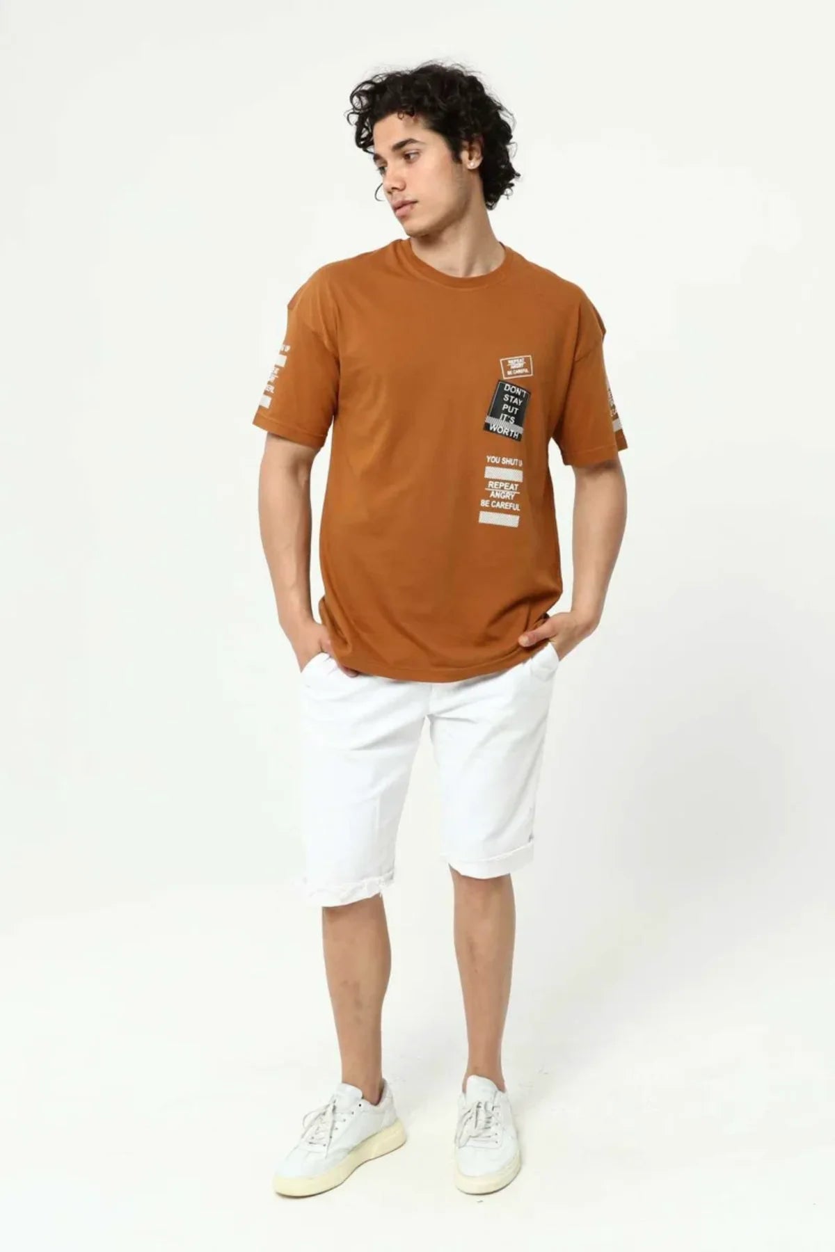 Kahve Ön ve Kol Baskılı Erkek Oversize Kısa Kollu T-Shirt