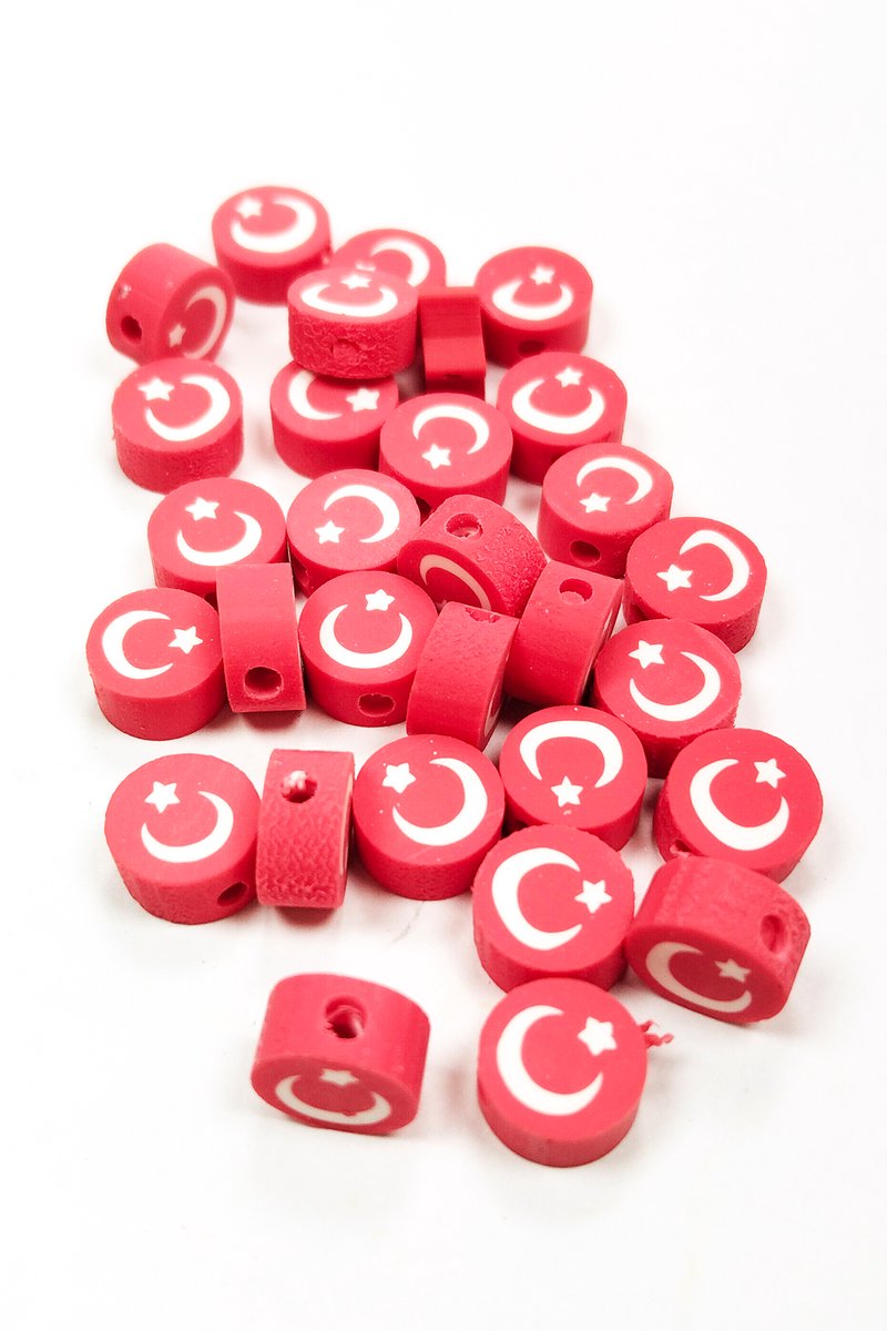 30 Adet 10 mm Polimer Kil Fimo Boncuk Takı Bileklik + 1 Metre Lastikli Misina Hediye - Türk Bayrağı