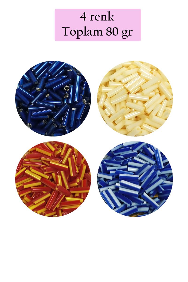 Uzun Boru Kesme Boncuk Çap 2mm Uzunluk 10 mm - 4 Renk - Toplam 80 Gram - BNC428