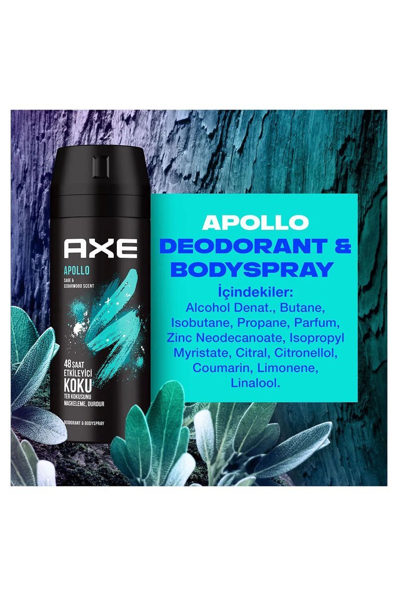 3 Adet Axe Erkek Sprey Deodorant Apollo 48 Saat Etkileyici Koku Vücut Spreyi 150 ml