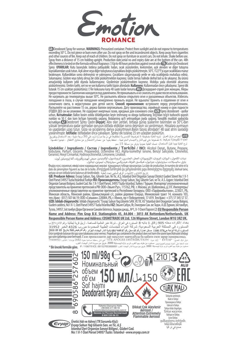 3 Adet Emotion Romance Kadın Vegan Deodorant 150 Ml Hızlı Kurur, Leke Bırakmaz