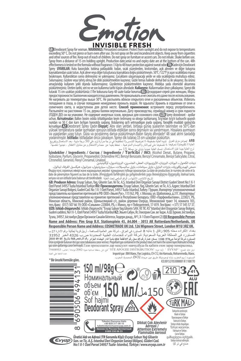 Emotion Invisible Fresh Black & White Kadın Deodorant 150ml Vegan, Leke Bırakmaz