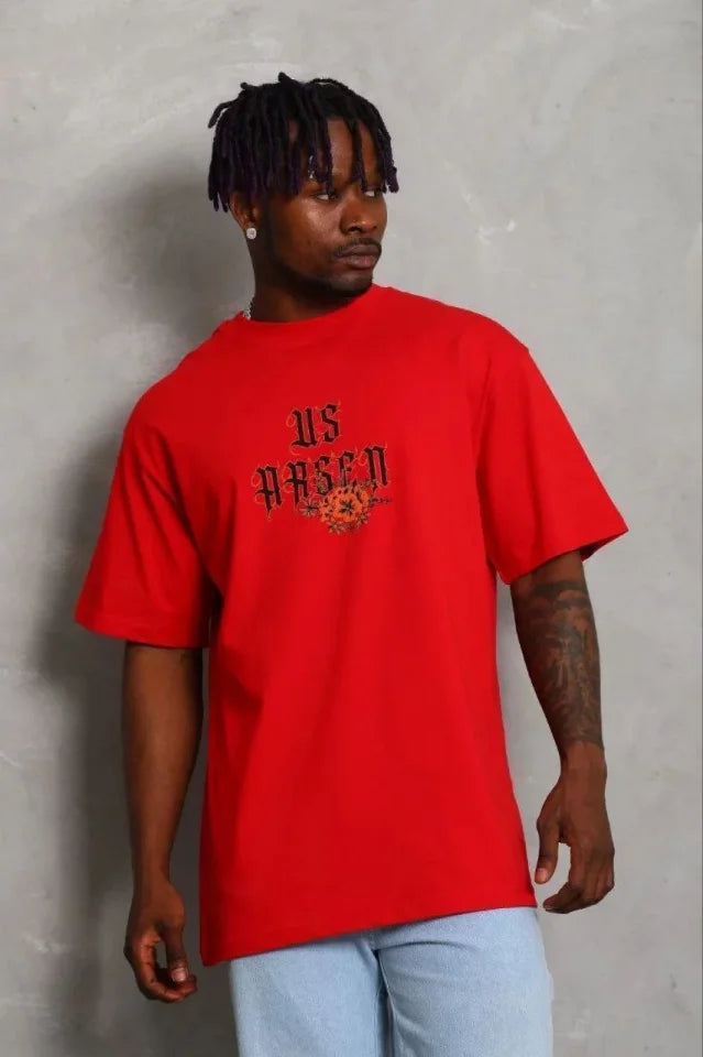 Erkek Baskılı T-Shirt Kısa Kol Bisiklet Yaka Regular Fit Rahat Kalıp Günlük Tişört - Kırmızı