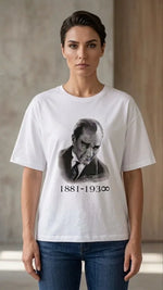 Atatürk Baskılı Tişört Kısa Kollu Bisiklet Yaka T-Shirt - Beyaz
