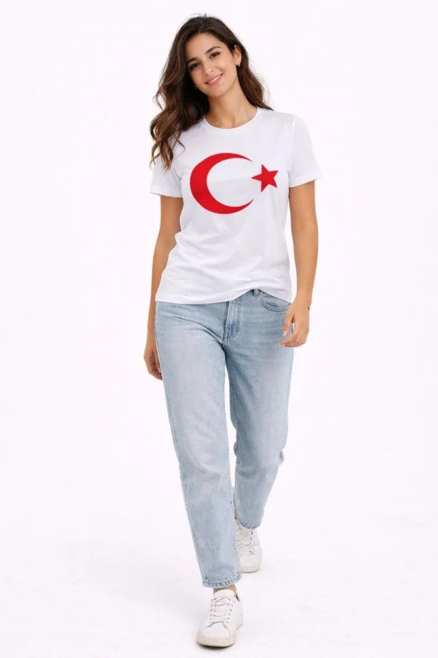 T-Shirt Kısa Kol Bisiklet Yaka Ay Yıldız Bayrak Baskılı Tişört - Beyaz