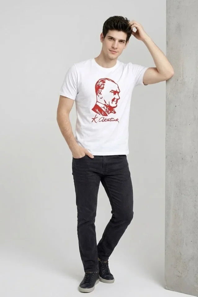 Erkek Atatürk Baskılı Tişört Kısa Kollu Bisiklet Yaka T-Shirt - Beyaz