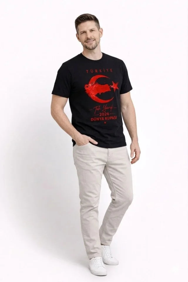 Erkek TÜRKİYE Ay Yıldız Baskılı Taraftar Forma T-Shirt - Siyah