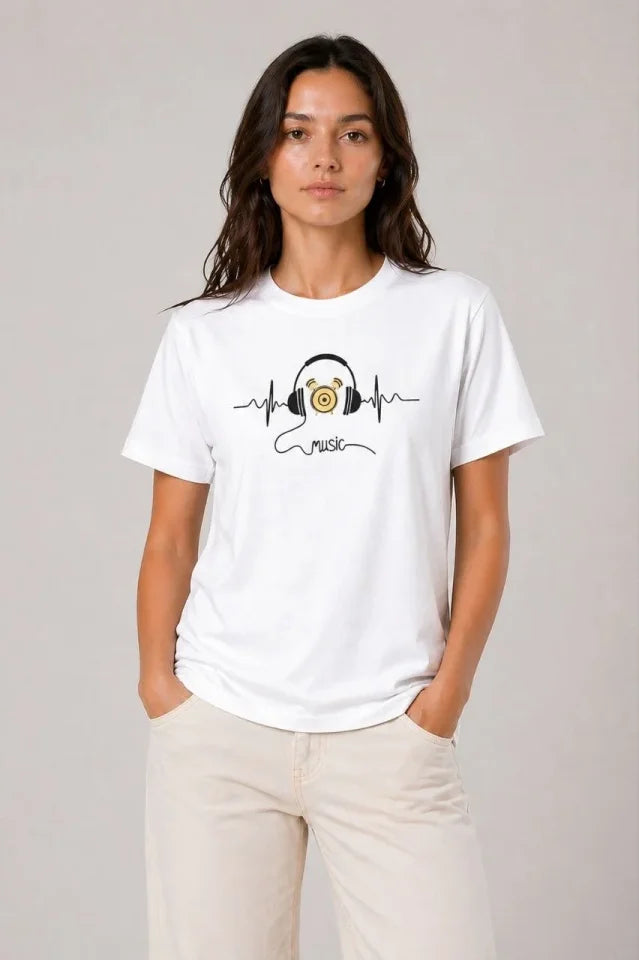 Müzik Temalı Baskılı Tişört Bisiklet Yaka Kısa Kol T-Shirt - Beyaz