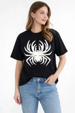 Örümcek Baskılı Tişört Kısa Kollu Bisiklet Yaka T-Shirt - Siyah