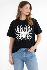 Örümcek Baskılı Tişört Kısa Kollu Bisiklet Yaka T-Shirt - Siyah