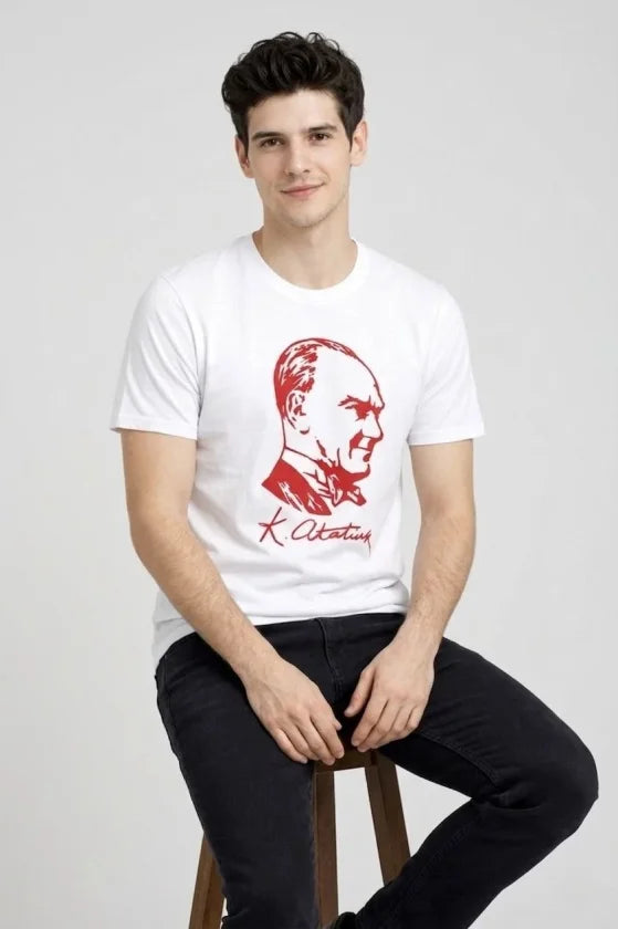 Men's Atatürk Print Short Sleeve Crew Neck T-Shirt - White