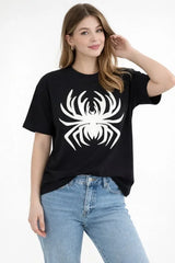 Örümcek Baskılı Tişört Kısa Kollu Bisiklet Yaka T-Shirt - Siyah