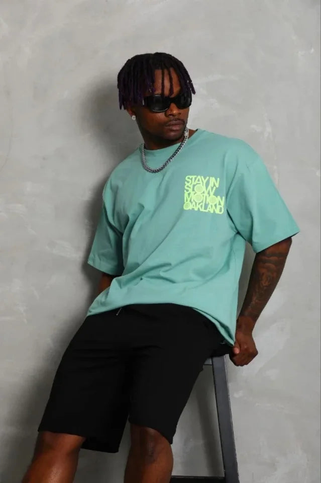 Erkek Baskılı T-Shirt Kısa Kol Bisiklet Yaka Regular Fit Rahat Kalıp Günlük Tişört - Mint Yeşili