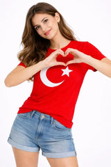 T-Shirt Kısa Kol Bisiklet Yaka Ay Yıldız Bayrak Baskılı Tişört - Kırmızı