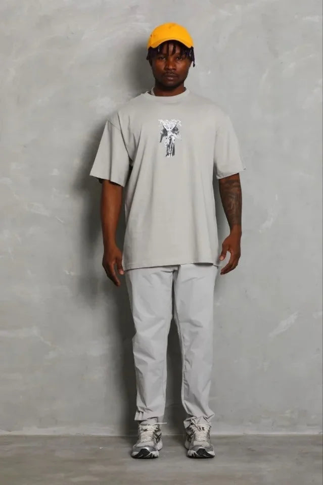 Erkek Baskılı T-Shirt Kısa Kol Bisiklet Yaka Regular Fit Rahat Kalıp Günlük Tişört - Gri