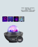 Sesle Etkileşimli Yıldız Projektörlü Gece Lambası – Bluetooth Hoparlörlü, USB Girişli, Dönen Okyanus