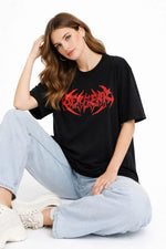 Kadın Kısa Kol Yazlık Tişört Bisiklet Yaka Baskılı Oversize T-Shirt -  Siyah