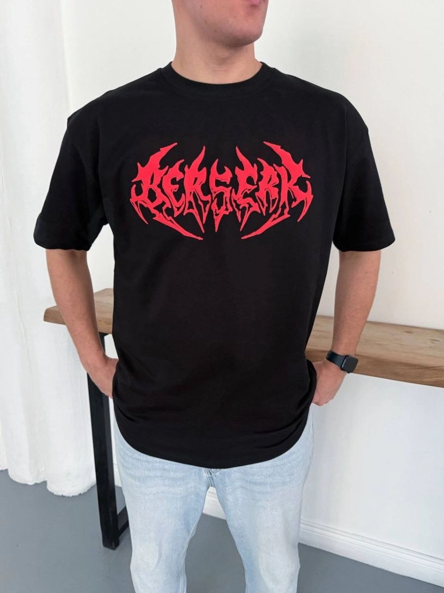 Erkek Kısa Kol Yazlık Tişört Bisiklet Yaka Baskılı Oversize T-Shirt - Siyah