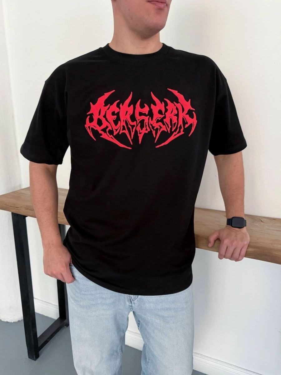 Erkek Kısa Kol Yazlık Tişört Bisiklet Yaka Baskılı Oversize T-Shirt - Siyah
